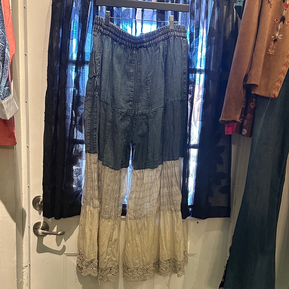 Boho Denim and Lace Flare Pants